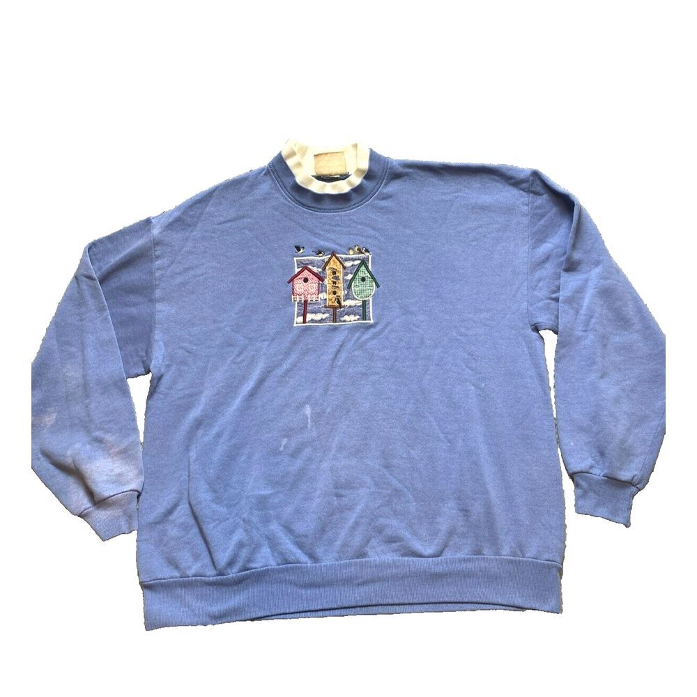 VTG Birdhouse Womens 2XL Light Blue Embroidered Grandmacore Top Stitch Plus Lady
